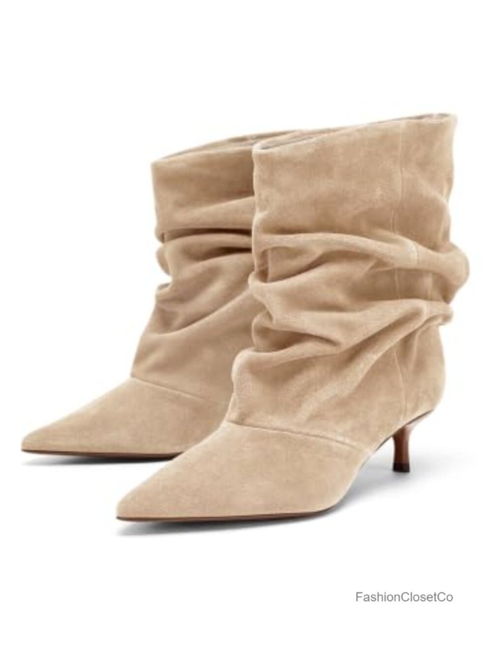 Women's Slouchy Ankle Boots Kitten Heel Pointed Toe Faux Suede Pull On Booties